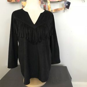Express sueded fringe v neck long sleeve shirt